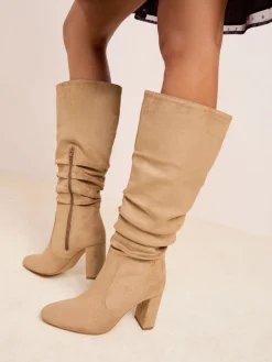 Friends Like These Standard fit Ruched Block Heel Knee High Long Faux Suede Boots Camel Best