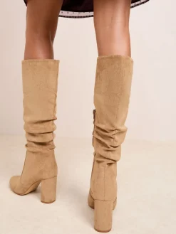 Friends Like These Standard fit Ruched Block Heel Knee High Long Faux Suede Boots Camel Best