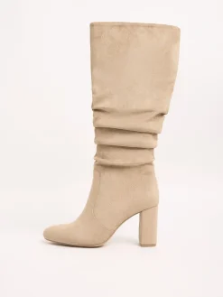 Friends Like These Standard fit Ruched Block Heel Knee High Long Faux Suede Boots Camel Best