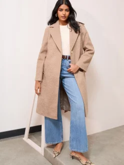 Friends Like These Camel Petite Wrap Belted Boucle Textured Midi Coat Discount