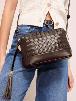 Friends Like These Weave Knotted Handle Cross-Body Bag Choc Brown Clearance