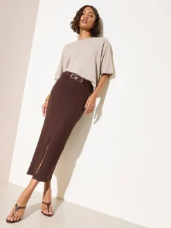 Friends Like These Split Front Denim Midi Skirt Chocolate Brown
