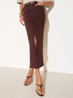 Friends Like These Split Front Denim Midi Skirt Chocolate Brown