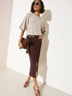 Friends Like These Split Front Denim Midi Skirt Chocolate Brown