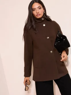 Friends Like These Funnel Neck Button Front Mid Length Coat Chocolate Brown