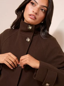 Friends Like These Funnel Neck Button Front Mid Length Coat Chocolate Brown
