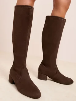 Friends Like These Wide Fit Low Block Heel Faux Suede Knee High Sock Boots Chocolate Brown New