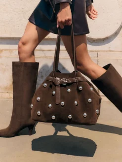 Friends Like These Chocolate Brown Faux Suede Studded Tote Bag Clearance