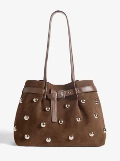 Friends Like These Chocolate Brown Faux Suede Studded Tote Bag Clearance