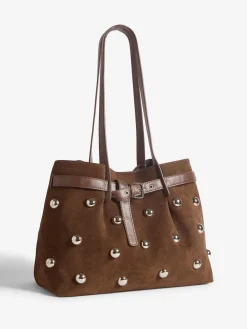Friends Like These Chocolate Brown Faux Suede Studded Tote Bag Clearance