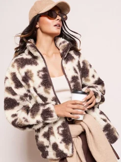 Friends Like These Cream Cow Print Full Zip Borg Jacket Hot