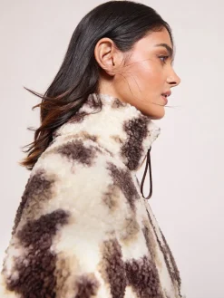 Friends Like These Cream Cow Print Full Zip Borg Jacket Hot