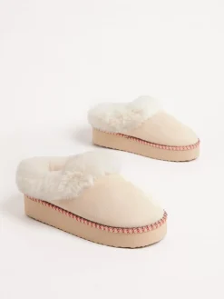 Friends Like These Faux Fur Cuff Embroidered Tape Nightwear Mule Slippers Cream Online