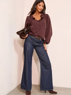 Friends Like These Long Sleeve Button Front Ruffle Blouse Fig Purple Outlet