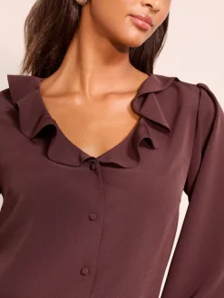 Friends Like These Long Sleeve Button Front Ruffle Blouse Fig Purple Outlet