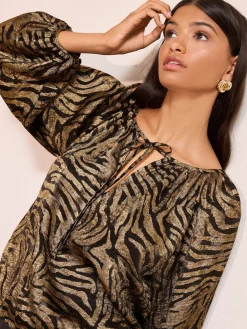 Friends Like These Long Sleeve Bubble Hem Tie Neck Blouse Gold Zebra Print New