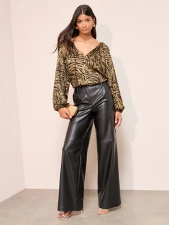 Friends Like These Long Sleeve Bubble Hem Tie Neck Blouse Gold Zebra Print New