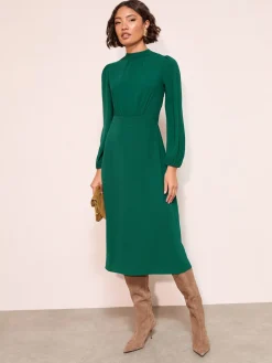 Friends Like These High Neck Long Sleeve Midi Dress with Bow Detailing Green Sale