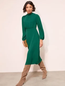 Friends Like These High Neck Long Sleeve Midi Dress with Bow Detailing Green Sale
