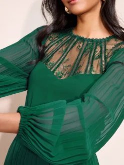 Friends Like These Lace Yoke Long Sleeve Pleated Chiffon Midi Dress Green Hot