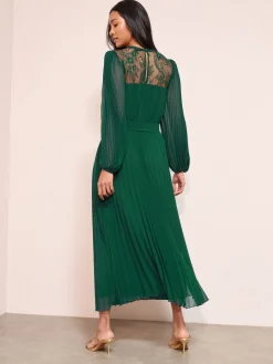 Friends Like These Lace Yoke Long Sleeve Pleated Chiffon Midi Dress Green Hot