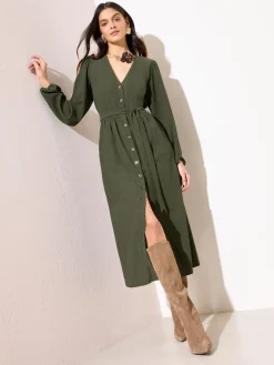Friends Like These Petite Long Sleeve Tie Waist Button Up Textured Midi Dress Khaki Green Best