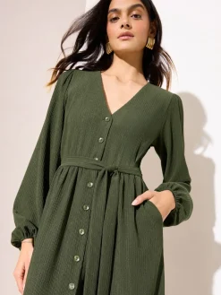 Friends Like These Petite Long Sleeve Tie Waist Button Up Textured Midi Dress Khaki Green Best