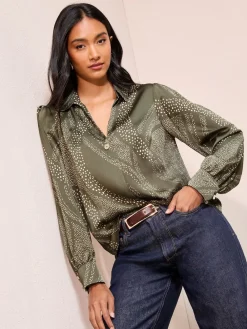 Friends Like These Long Sleeve Button Detail Collared Blouse Khaki Print