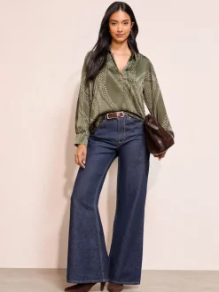 Friends Like These Long Sleeve Button Detail Collared Blouse Khaki Print