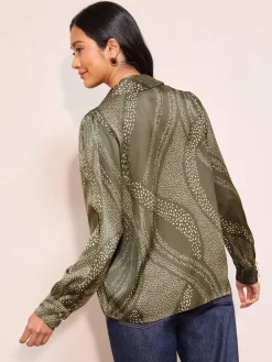 Friends Like These Long Sleeve Button Detail Collared Blouse Khaki Print