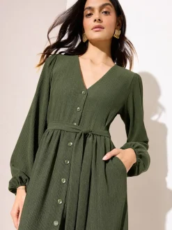 Friends Like These Long Sleeve Tie Waist Button Up Textured Midi Dress Khaki Green Best