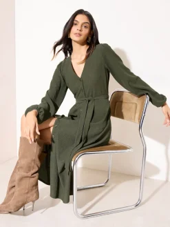 Friends Like These Long Sleeve Tie Waist Button Up Textured Midi Dress Khaki Green Best