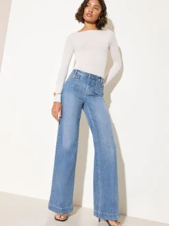 Friends Like These Petite Pocket Tailored Wide Leg Jeans Mid Blue Denim Discount