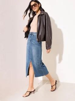 Friends Like These Petite Split Front Denim Midi Skirt Mid Blue Sale
