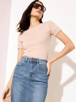 Friends Like These Petite Split Front Denim Midi Skirt Mid Blue Sale