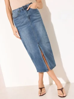Friends Like These Petite Split Front Denim Midi Skirt Mid Blue Sale