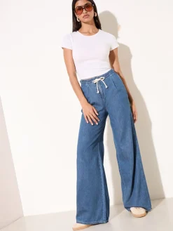 Friends Like These Mid Wash Tie Waist Pleat Front Wide Leg Jeans Outlet