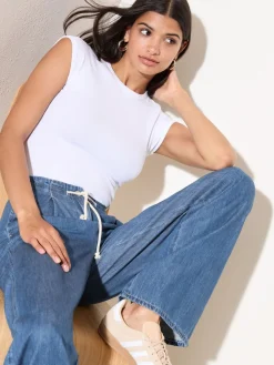 Friends Like These Mid Wash Tie Waist Pleat Front Wide Leg Jeans Outlet