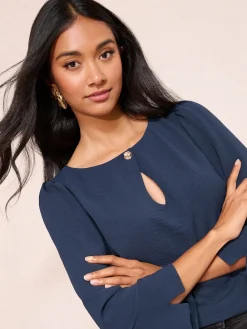 Friends Like These 3/4 Sleeve Keyhole Front Hardware Detail Blouse Navy Hot