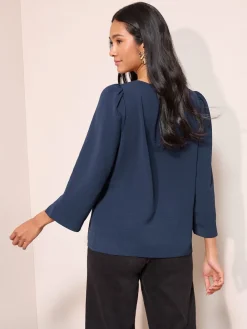 Friends Like These 3/4 Sleeve Keyhole Front Hardware Detail Blouse Navy Hot