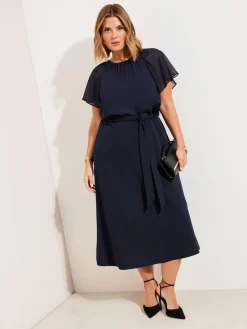 Friends Like These Curve Scuba Chiffon Flutter Sleeve Midi Dress Navy Blue Outlet