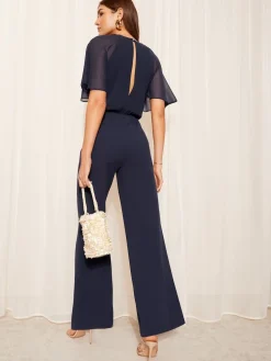 Friends Like These Petite Chiffon Flutter Sleeve Scuba Jumpsuit Navy Blue Discount