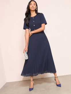 Friends Like These Button Down 2-In-1 Pleated Dress Navy