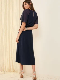Friends Like These Scuba Chiffon Flutter Sleeve Midi Dress Navy Blue Discount