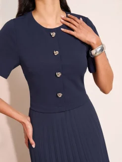 Friends Like These Petite Button Down 2-In-1 Pleated Dress Navy Blue Clearance