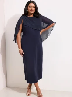 Friends Like These Navy Curve Asymmetric Chiffon Cape Scuba Midi Dress Best