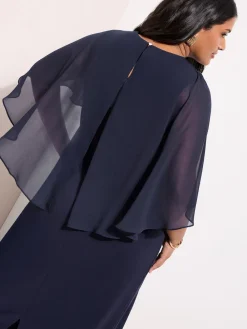Friends Like These Navy Curve Asymmetric Chiffon Cape Scuba Midi Dress Best