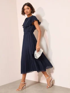 Friends Like These Chiffon Pleated Lace Insert Midi Dress Navy Hot