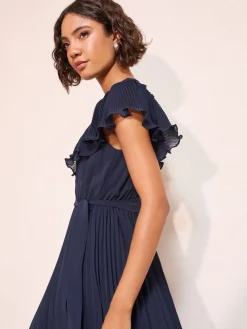 Friends Like These Chiffon Pleated Lace Insert Midi Dress Navy Hot