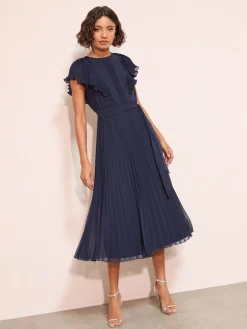 Friends Like These Chiffon Pleated Lace Insert Midi Dress Navy Hot